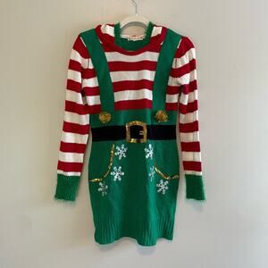It's Our Time Size M Christmas Sweater Dress Elf Hoodie Long Sleeves